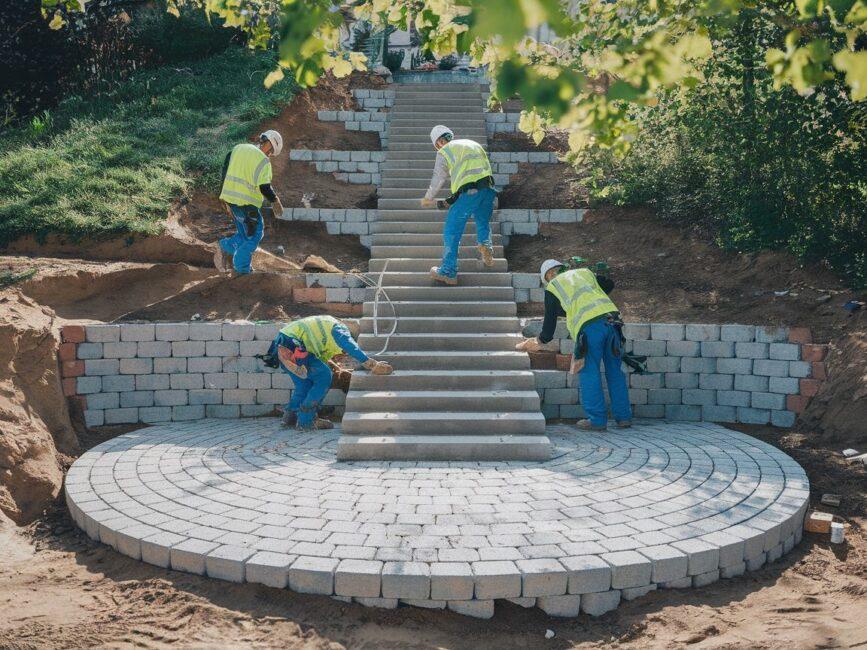narzędzia budowlane przy fundamencie schodów