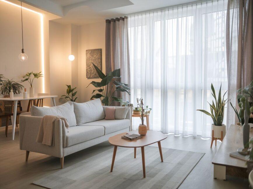 jasny salon z dużym oknem