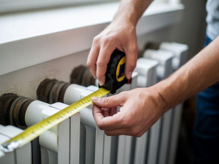 Dłonie mierzące grzejnik